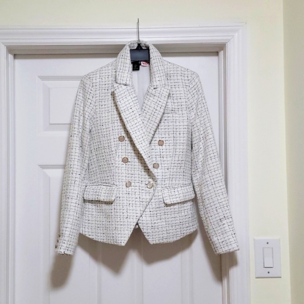 Rachel Zoe Double Breasted White Tweed Blazer Tailored Suit Jacket sz Small